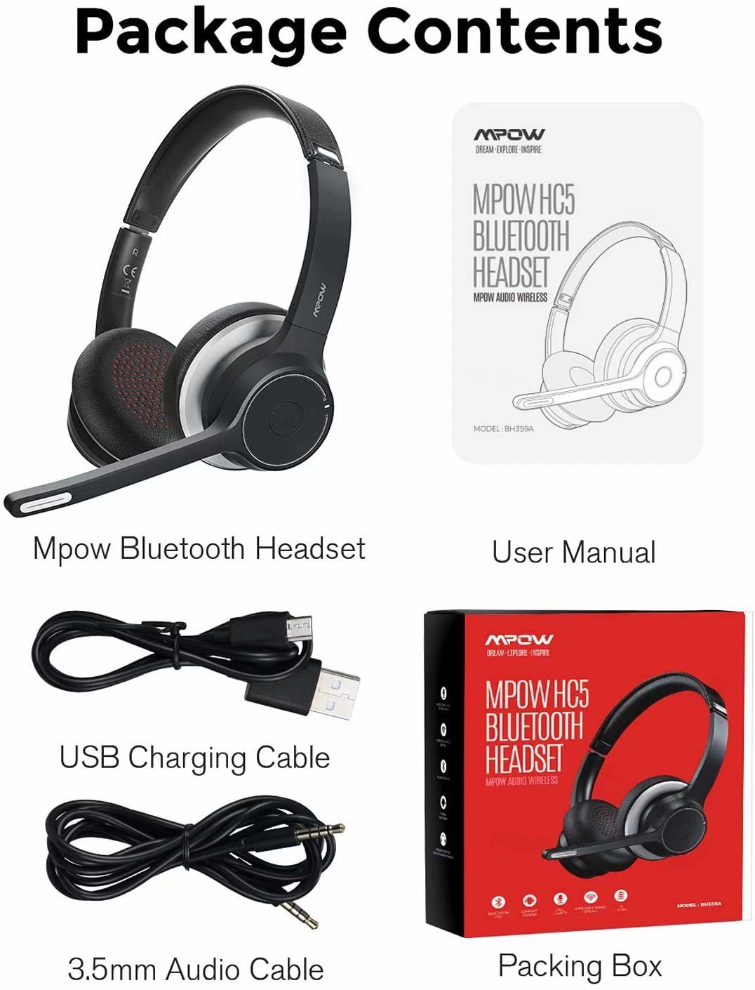 MPOW HC5 Business Bluetooth Headset Black+Silver