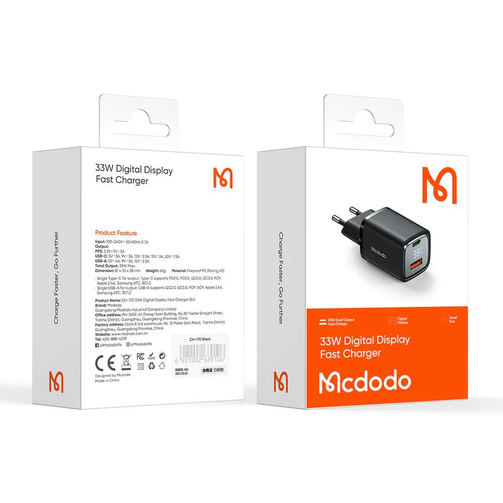 Mcdodo 33W PD & QC Dual Port Fast Charger and Digital Display - Black Mcdodo 33W PD & QC Dual Port Fast Charger and Digital Display - Black