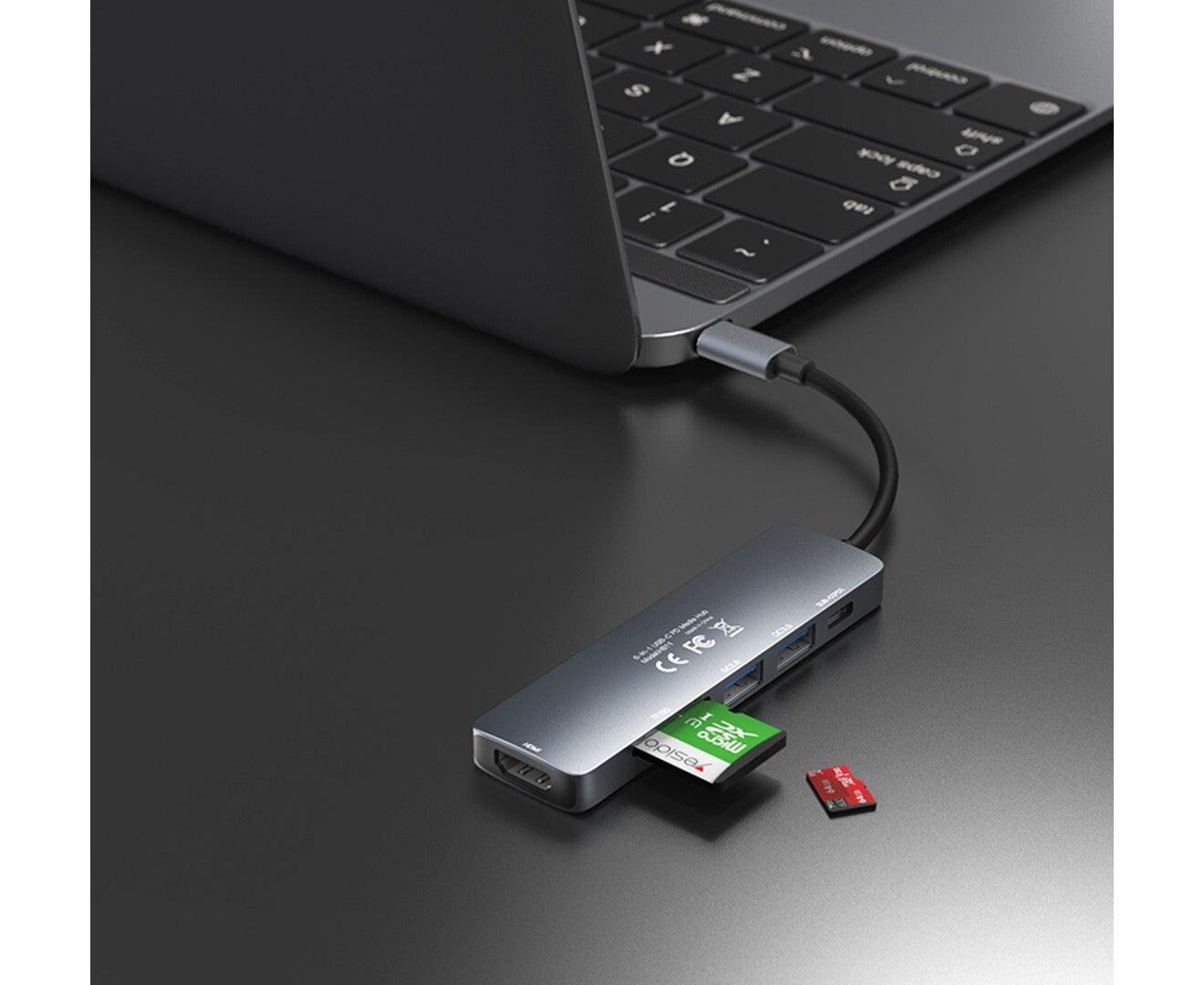 Yesido 6 in 1 USBC Hub with 4K HDMI & Card Reader - Grey Yesido 6 in 1 USBC Hub with 4K HDMI & Card Reader - Grey
