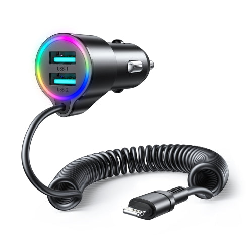 JOYROOM JR-CL25 3.4A 3-in-1 Car Charger with Coiled 8 Pin Cable