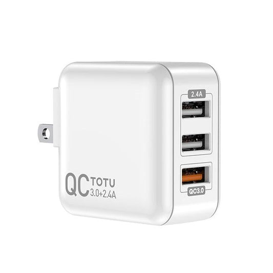 محول طاقة شاحن السفر Sharp Series QC 3.0 + 2.4A بثلاثة منافذ USB من TOTUDESIGN، قابس أمريكي (أبيض)
