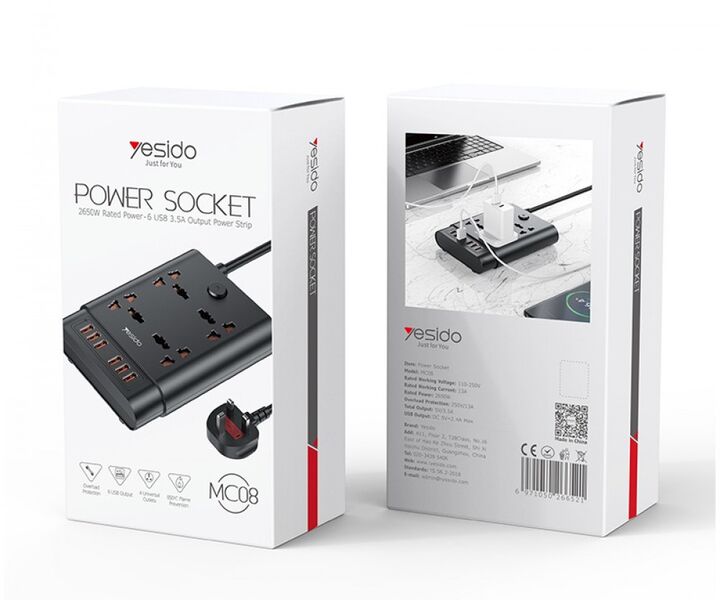 Yesido MC08 10 In 1 Power Socketwith 6 USB Ports