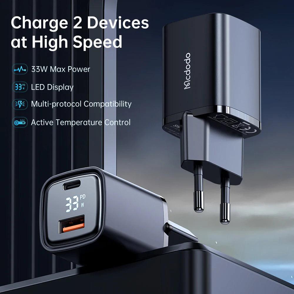 Mcdodo 33W PD & QC Dual Port Fast Charger and Digital Display - Black