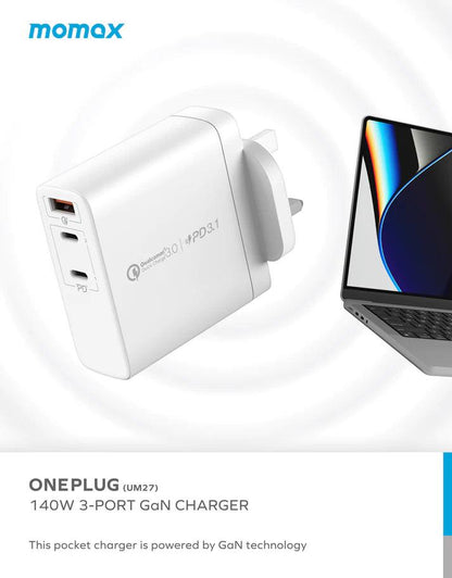 MOMAX ONEPLUG GaN 140W Triple Output Fast Charger - White