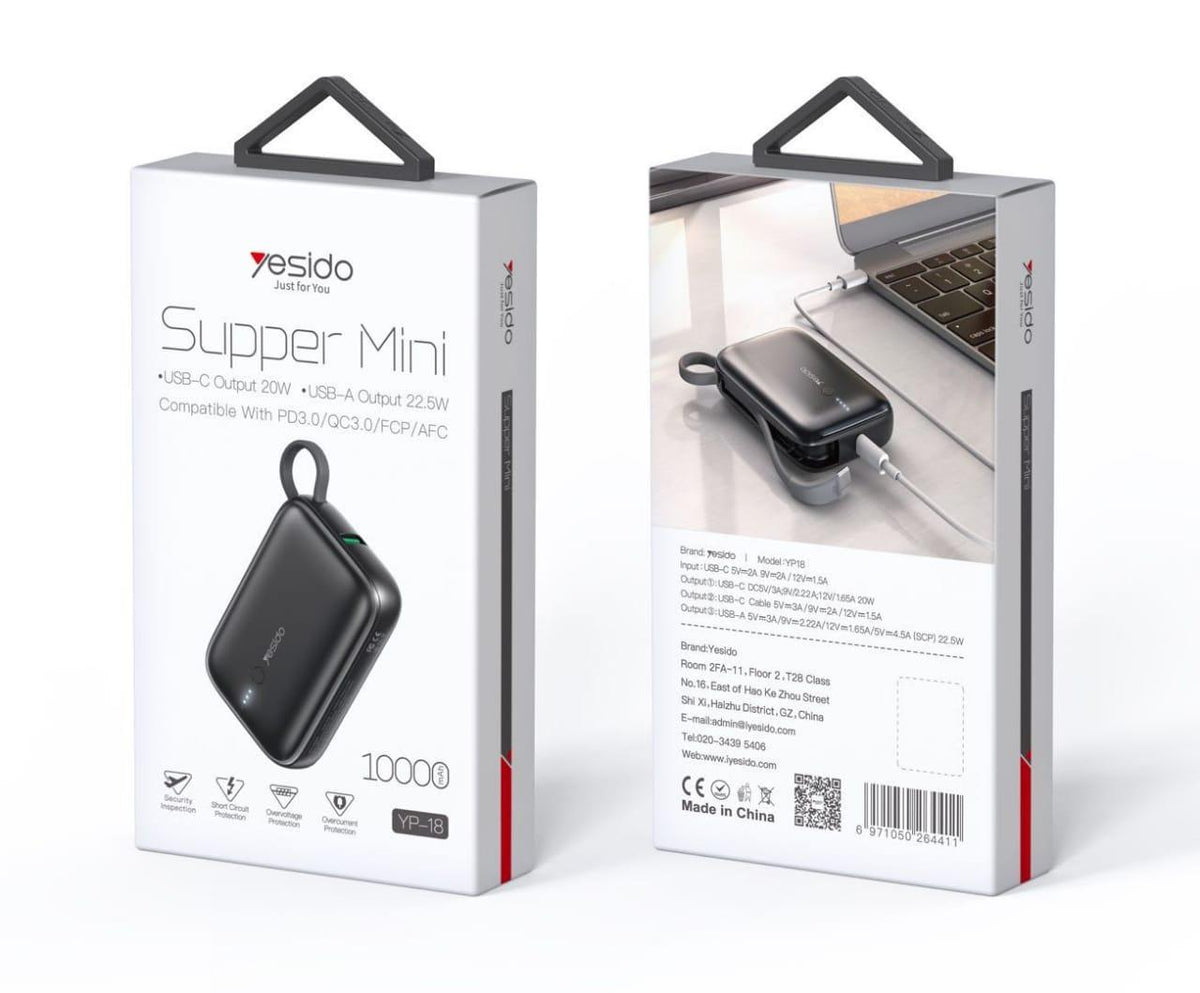 YESIDO 10000mAh Super Mini PD-Dual Way 22.5W Type-C Power Bank – YP18 YESIDO 10000mAh Super Mini PD-Dual Way 22.5W Type-C Power Bank – YP18