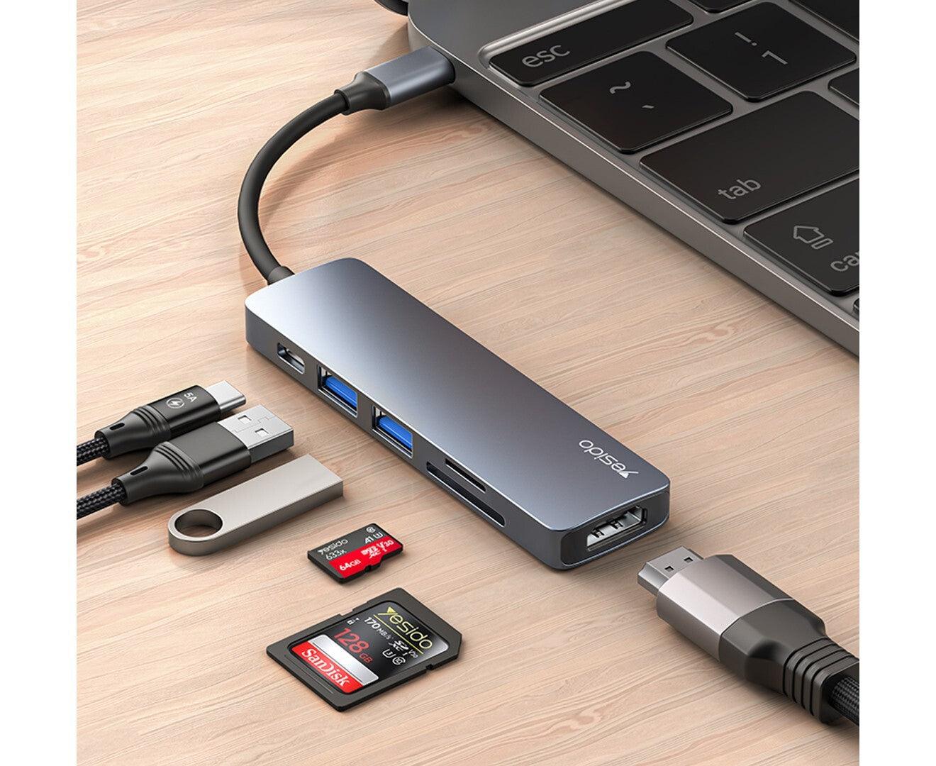 Yesido 6 in 1 USBC Hub with 4K HDMI & Card Reader - Grey Yesido 6 in 1 USBC Hub with 4K HDMI & Card Reader - Grey