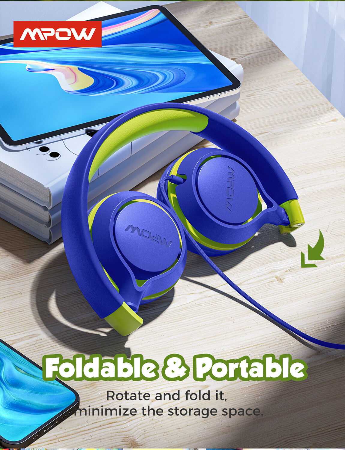 MPOW Che1 Kid's Wired Headset Green Navy