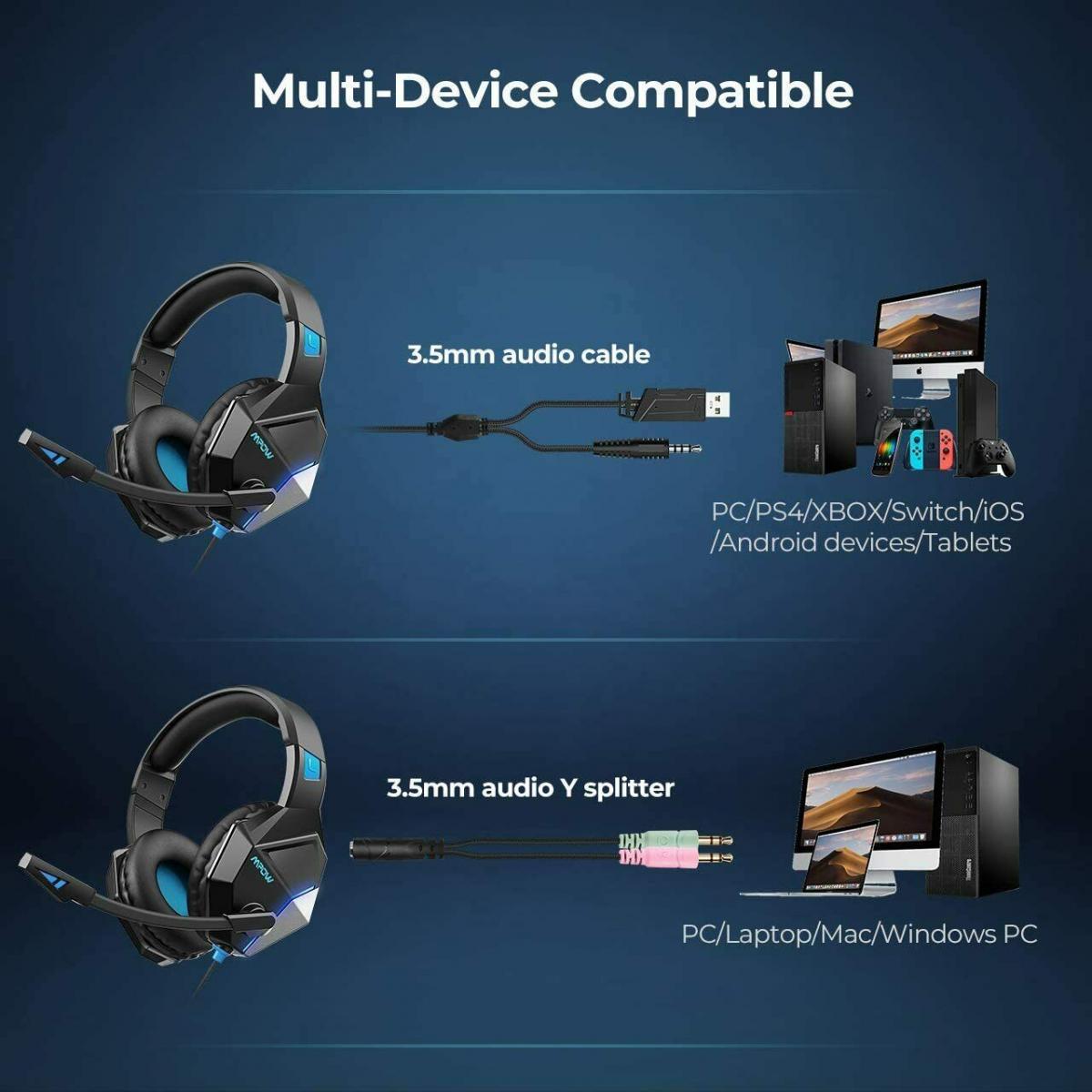 سماعة رأس سلكية للألعاب MPOW EG10 باللونين الأسود والأزرق